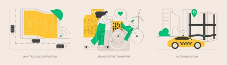 Illustration for IoT city transport abstract concept vector illustration set. Smart roads construction, urban electric transport, autonomous taxi, rental electric bikes, on demand car service abstract metaphor. - Royalty Free Image