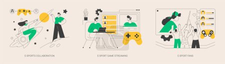 Illustration for Video games industry abstract concept vector illustration set. eSports collaboration, game streaming, e-sport fan club and community, champion league sponsorship, entertainment abstract metaphor. - Royalty Free Image