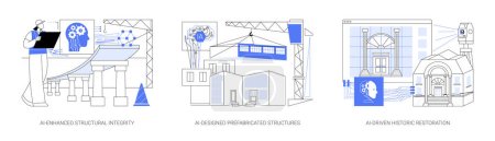 KI beim Aufbau abstrakter Konzeptvektorillustrationen. KI-Enhanced Structural Integrity, KI-Designed Prefabricted Structures, KI-Driven Historic Restoration, Materialanalyse abstrakte Metapher.