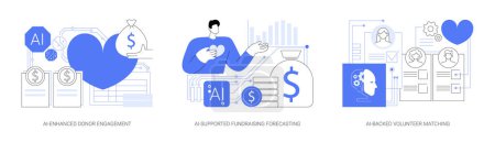 AI for Nonprofit Organizations abstract concept vector illustration set. AI-Enhanced Donor Engagement, AI-Supported Fundraising Forecasting, AI-Backed Volunteer Matching abstract metaphor.