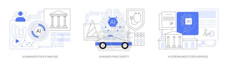 AI in Government and Public Services abstract concept vector illustration set. AI-Enhanced Policy Analysis, AI-Backed Public Safety, AI-Streamlined Citizen Services with chatbots abstract metaphor.