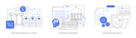 Illustration for AI Technology for Government and Public Services abstract concept vector illustration set. AI-Optimized Resource Allocation, AI-Powered E-Government, AI-Analyzed Public Health abstract metaphor. - Royalty Free Image
