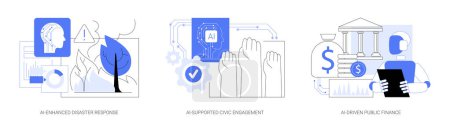 AI in Public Services abstract concept vector illustration set. AI-Enhanced Disaster Response, AI-Supported Civic Engagement, AI-Driven Public Finance, accounting and budgeting abstract metaphor.