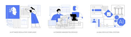 Illustration for AI in Government Management abstract concept vector illustration set. AI-Optimized Regulatory Compliance, AI-Powered Immigration Services, AI-Analyzed Electoral Systems abstract metaphor. - Royalty Free Image