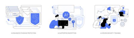 AI-powered Cybersecurity abstract concept vector illustration set. AI-Enhanced Phishing Protection, email and website scanning, AI-Supported Encryption, AI-Driven Security Training abstract metaphor.