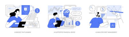 Ilustración de AI Technology in Personal Finance abstract concept vector illustration set. Planificación fiscal respaldada por IA, identificar deducciones, asesoramiento financiero respaldado por IA, metáfora abstracta de AI-Analyzed Debt Management. - Imagen libre de derechos