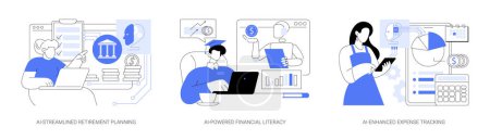 Illustration for Personal Financial Management with AI abstract concept vector illustration set. AI-Streamlined Retirement Planning, AI-Powered Financial Literacy, AI-Enhanced Expense Tracking abstract metaphor. - Royalty Free Image