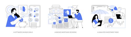 Illustration for AI analysis for Personal Finance abstract concept vector illustration set. AI-Optimized Savings Goals, AI-Backed Mortgage Decisions, AI-Analyzed Investment Risks, balanced portfolio abstract metaphor. - Royalty Free Image