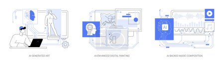 Téléchargez les illustrations : AI in Art and Creativity concept abstrait vectoriel illustration set. Art généré par l'IA, design et style uniques, peinture numérique améliorée par l'IA avec des outils d'IA, métaphore abstraite de composition musicale soutenue par l'IA. - en licence libre de droit