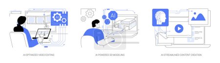 AI Technology in Art and Creativity jeu d'illustrations vectorielles de concepts abstraits. Montage vidéo optimisé pour l'IA, modélisation et animation 3D alimentées par l'IA, métaphore abstraite de création de contenu simplifié pour l'IA.
