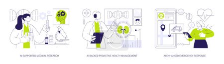 Ensemble d'illustrations vectorielles abstraites de l'IA en gestion de la santé. Recherche médicale scientifique appuyée par l'IA, gestion proactive de la santé appuyée par l'IA, métaphore abstraite de l'intervention d'urgence améliorée par l'IA.