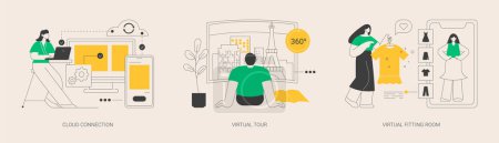 Illustration for Online data transfer and virtual experience abstract concept vector illustration set. Cloud connection, virtual tour, virtual fitting room, internet connection, web 3d tour abstract metaphor. - Royalty Free Image