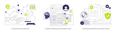 Illustration for Artificial Intelligence in Healthcare abstract concept vector illustration set. AI-Enhanced Drug Discovery, Personalized Treatment Plans, Medical Billing and Coding, medical costs abstract metaphor. - Royalty Free Image