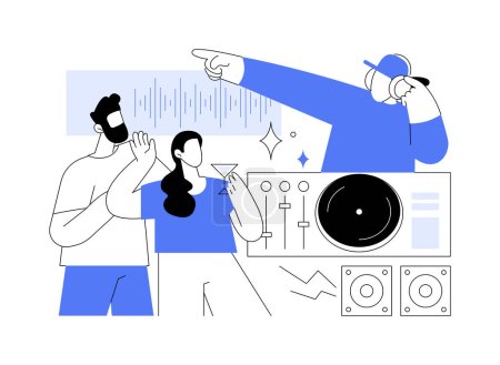 Ilustración de DJ set isolated cartoon vector illustrations. Group of young people outing at open air concert, summer vacation events, DJ mixing music, dancing and holding cocktails in hands vector cartoon. - Imagen libre de derechos