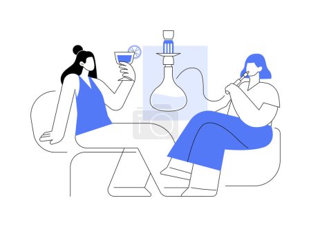 Téléchargez les illustrations : Hookah place isolated cartoon vector illustrations. Beautiful girls smoking shisha in the hookah place, summer recreation day, people urban lifestyle, relaxation time together vector cartoon. - en licence libre de droit