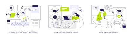 Tecnología de IA en la salud concepto abstracto vector ilustración conjunto. Monitoreo de salud del paciente analizado por IA, Chatbots de salud impulsados por IA, chatbots de telemedicina mejorados por IA metáfora abstracta.