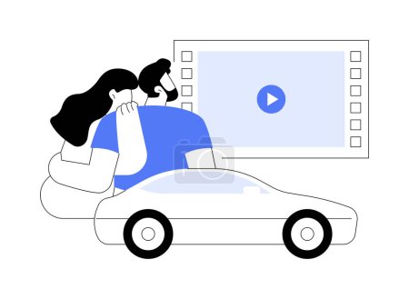 Téléchargez les illustrations : Drive-in cinema isolated cartoon vector illustrations. Young couple watching movie on large screen sitting in a car, grand events, people urban lifestyle, large audience vector cartoon. - en licence libre de droit