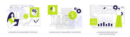 Comptabilité et gestion financière avec ensemble d'illustrations vectorielles de concepts abstraits d'IA. Stratégies de gestion des risques, gestion de patrimoine et conseil, conformité et rapports réglementaires métaphore abstraite.