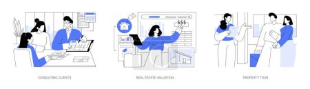 Illustration for Full-service real estate firm isolated cartoon vector illustrations set. Broker consulting client in the office, real estate valuation, comparative market analysis, B2B property tour vector cartoon. - Royalty Free Image