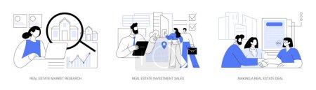 Illustration for Real estate job isolated cartoon vector illustrations set. Brokerage firm representative make market analysis, commercial real estate investment sale, business people have deal vector cartoon. - Royalty Free Image