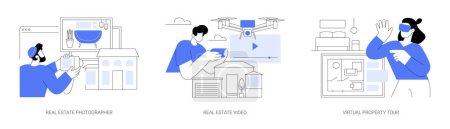 Illustration for Real estate listing isolated cartoon vector illustrations set. Professional photographer takes photos of house for sale, real estate aerial video shooting, virtual 3D property tour vector cartoon. - Royalty Free Image