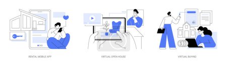 Téléchargez les illustrations : Real estate online services isolated cartoon vector illustrations set. Smartphone rental app, real estate search software, virtual open house tour, sell and buy property online vector cartoon. - en licence libre de droit