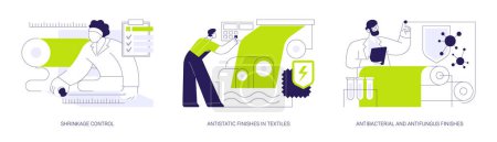 Fabrics chemical treatment abstract concept vector illustration set. Shrinkage control, antistatic finishes in textiles, applying antibacterial and antifungus fiber protection abstract metaphor.