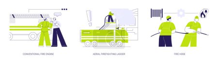 Illustration for Firefighters abstract concept vector illustration set. Firefighters stand near the truck, conventional fire engine, aerial firefighting ladder, fire hose, emergency vehicle abstract metaphor. - Royalty Free Image