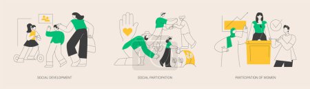 Illustration for Social skills competence abstract concept vector illustration set. Social development and participation, women role in society and politics, gender equality rights, volunteering abstract metaphor. - Royalty Free Image