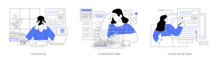 Illustration for Filing taxes isolated cartoon vector illustrations set. Frustrated person on tax deadline day, filling paper form, accountant manager prepares financial report, filling online form vector cartoon. - Royalty Free Image
