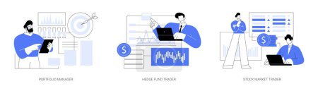 Illustration for Stock market trade isolated cartoon vector illustrations set. Portfolio manager consult on investment strategy, hedge fund trader maximize business profit, financial analytics vector cartoon. - Royalty Free Image