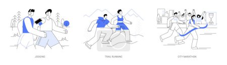 Illustration for Active lifestyle isolated cartoon vector illustrations set. Jogging in the morning in headphones, mountain trail running, city marathon, health and wellness, cardio training vector cartoon. - Royalty Free Image