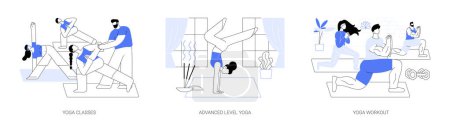 Actividades de yoga aisladas ilustraciones vectoriales de dibujos animados conjunto. Clases de yoga, ejercicio avanzado de control corporal, entrenamiento de potencia, pose de loto, estilo de vida saludable, fuerza y resistencia vector de entrenamiento de dibujos animados.