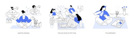 Illustration for Yoga practice isolated cartoon vector illustrations set. Mantra singing, feeling good after yoga, tea ceremony, Kundalini and music therapy, sport lifestyle, relax after training vector cartoon. - Royalty Free Image