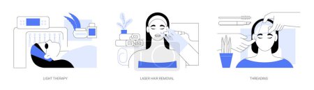 Skin treatment isolated cartoon vector illustrations set. Woman with glasses having light therapy, professional cosmetologists does laser hair removal, threading procedure vector cartoon.