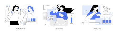 Illustration for Casual beauty rituals isolated cartoon vector illustrations set. Woman doing makeup in front of mirror, hairstyling at home, makes manicure, painting nails, self-care procedures vector cartoon. - Royalty Free Image