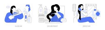 Illustration for Hair care isolated cartoon vector illustrations set. Woman having problem with hair falling, applying oil mask, at home treatment, happy girl combing long shine hair, morning rituals vector cartoon. - Royalty Free Image