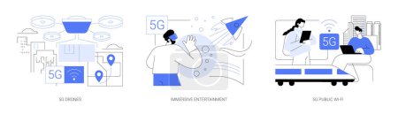 5G use cases isolated cartoon vector illustrations set. Flying drone, real-time rendering, immersive entertainment, people use public Wi-Fi hot spot, high-speed internet connection vector cartoon.