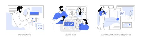 5G technology isolated cartoon vector illustrations set. IP broadcasting, video conference call, fast real-time data transfer, augmented reality experience, high resolution in vr vector cartoon.