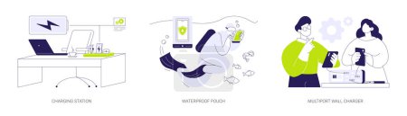Electronics accessories and supplies abstract concept vector illustration set. Wireless charging station, waterproof pouch, multiport wall charger, modern mobile technology abstract metaphor.