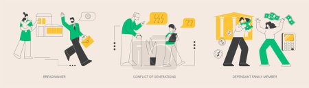 Family needs and communication abstract concept vector illustration set. Breadwinner, conflict of generations, dependant family member, disabled parent, freelance work, businessman abstract metaphor.