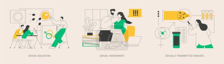 Illustration for Sexual behavior abstract concept vector illustration set. Sexual harassment and sexually transmitted diseases, sex education, abuse and assault, insecure contact, labor relationship abstract metaphor. - Royalty Free Image