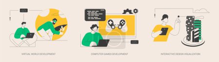 Web programming abstract concept vector illustration set. Virtual world and computer games development, interactive design visualization, VR graphic design, user experience abstract metaphor.