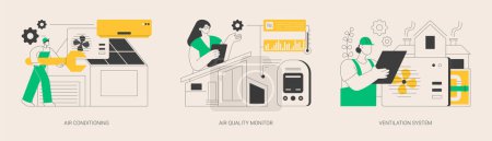 Illustration for Smart home components abstract concept vector illustration set. Air conditioning, air quality monitor, ventilation system, airing and cooling system, energy saving solution abstract metaphor. - Royalty Free Image