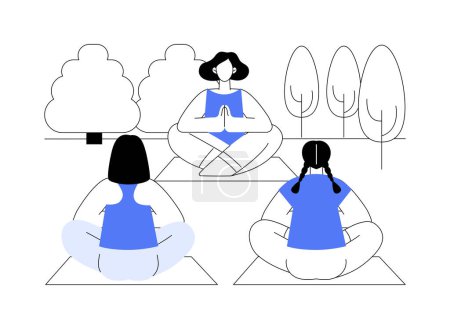 Illustration for Park yoga isolated cartoon vector illustrations. Group of people do yoga in park together, urban active lifestyle, recreation day, sitting in lotus pose, stretching practice vector cartoon. - Royalty Free Image