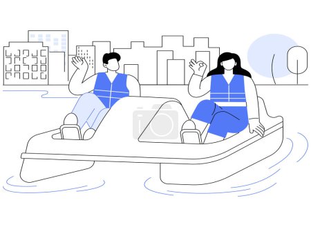 Illustration for Paddle boat rental isolated cartoon vector illustrations. Group of friends rent a paddle boat, riding a catamaran together, summer holidays, urban lifestyle, recreation day vector cartoon. - Royalty Free Image