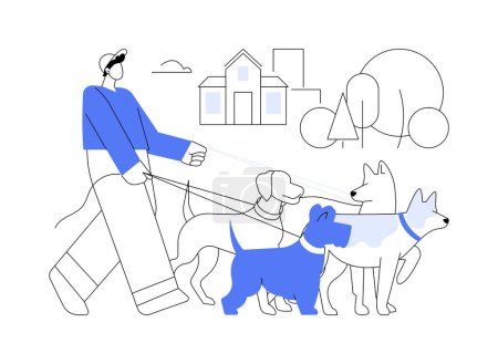 Illustration for Dog walking service isolated cartoon vector illustrations. Young man walks in the park with group of cute dogs, people lifestyle, pet care services, promenade with animals vector cartoon. - Royalty Free Image