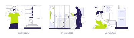 Mold removal in private house abstract concept vector illustration set. Mold problem, applying biocide, air filtration with Hepa filter, property maintenance service abstract metaphor.