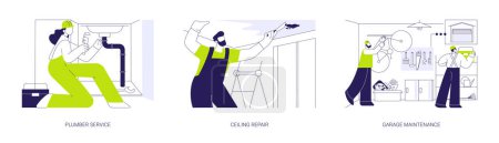 Property maintenance services abstract concept vector illustration set. Plumber service, ceiling repair, garage maintenance, sewerage renovation, install storage racks abstract metaphor.