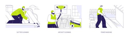 Illustration for Property cleaning services abstract concept vector illustration set. Gutter and air duct cleaning, power washing, mold removal, private house maintenance, household chores abstract metaphor. - Royalty Free Image